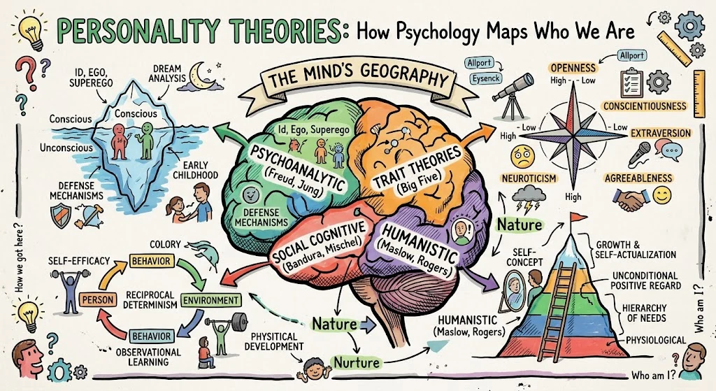 Personality Theories: 7 Key Models Compared, visual explainer sketchnote