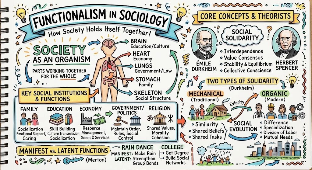 Functionalism in Psychology and Sociology Explained, visual explainer sketchnote