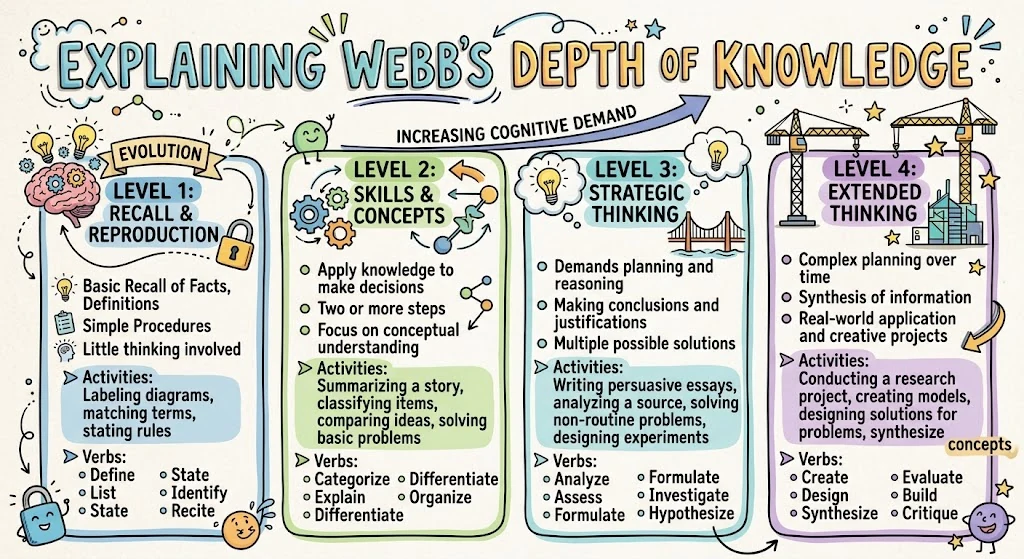 Webb's DOK Levels: A Teacher's Guide to Depth of Knowledge — visual explainer sketchnote
