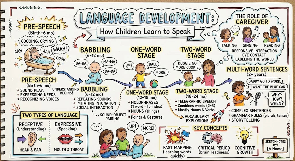 Language Development in Children: Stages, Theories, and Teaching Strategies — visual explainer sketchnote