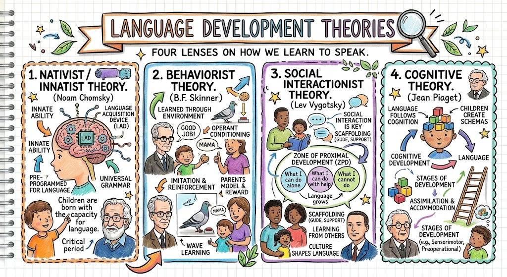 Language Development Theories: From Chomsky to Bruner and Beyond, visual explainer sketchnote