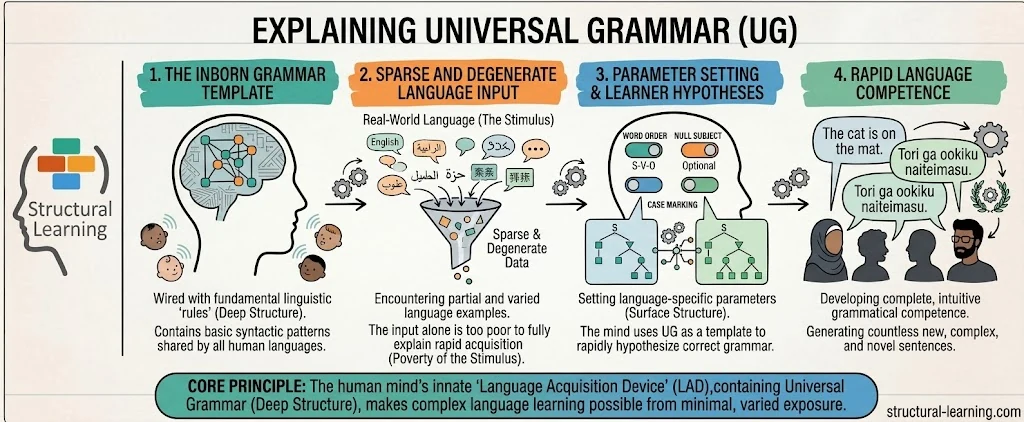 Chomsky's Language Acquisition Theory — visual explainer sketchnote