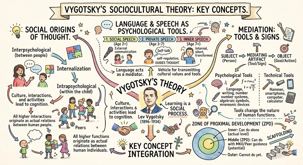 Vygotsky's Zone of Proximal Development: Scaffolding Strategies — visual explainer sketchnote