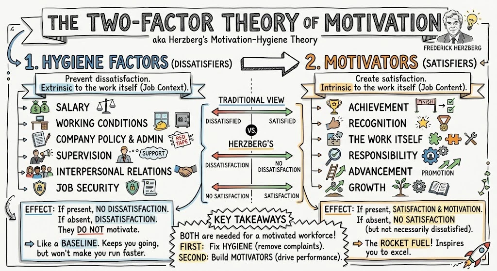 Herzberg's Two-Factor Theory: Motivation and Hygiene, visual explainer sketchnote