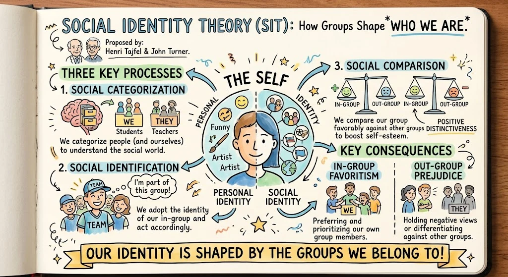 Social Identity Theory: How Groups Shape Learner Behaviour, visual explainer sketchnote