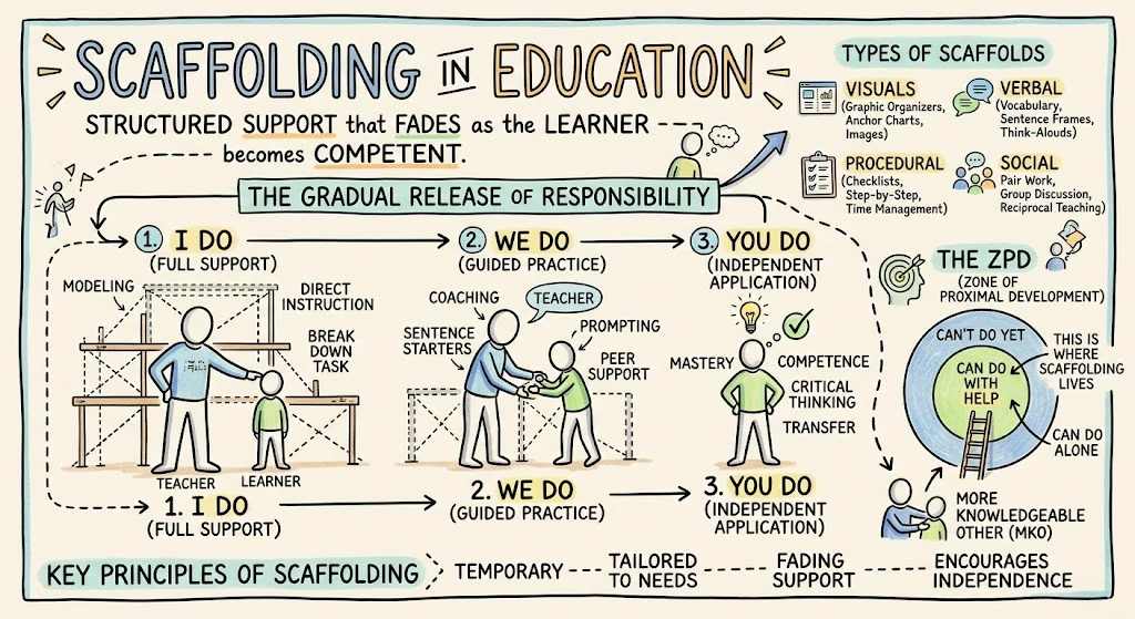 Scaffolding in Education: A Teacher's Guide (2026) — visual explainer sketchnote