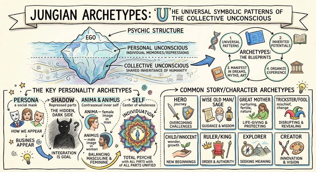 Jungian Archetypes: 12 Characters Every Teacher Should Know — visual explainer sketchnote