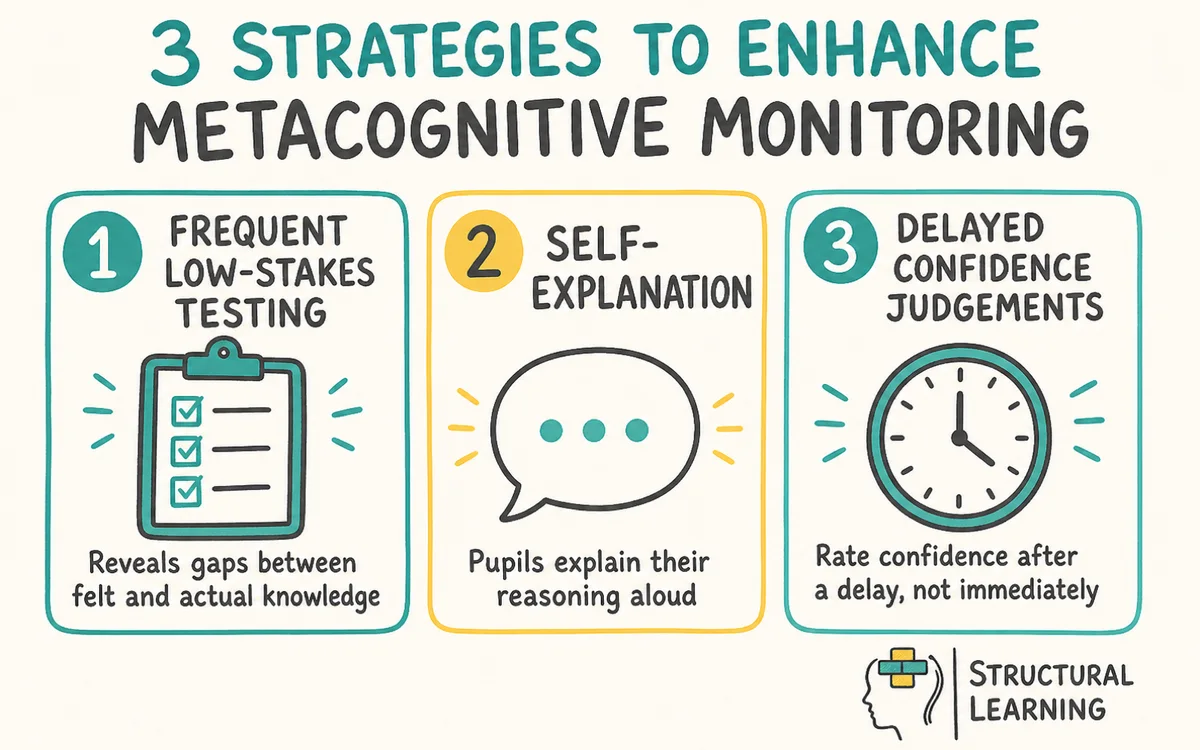 Infographic detailing three strategies for teachers to improve metacognitive monitoring in learners: frequent low-stakes testing, self-explanation, and performance predictions, to combat overconfidence and enhance learning effectiveness.
