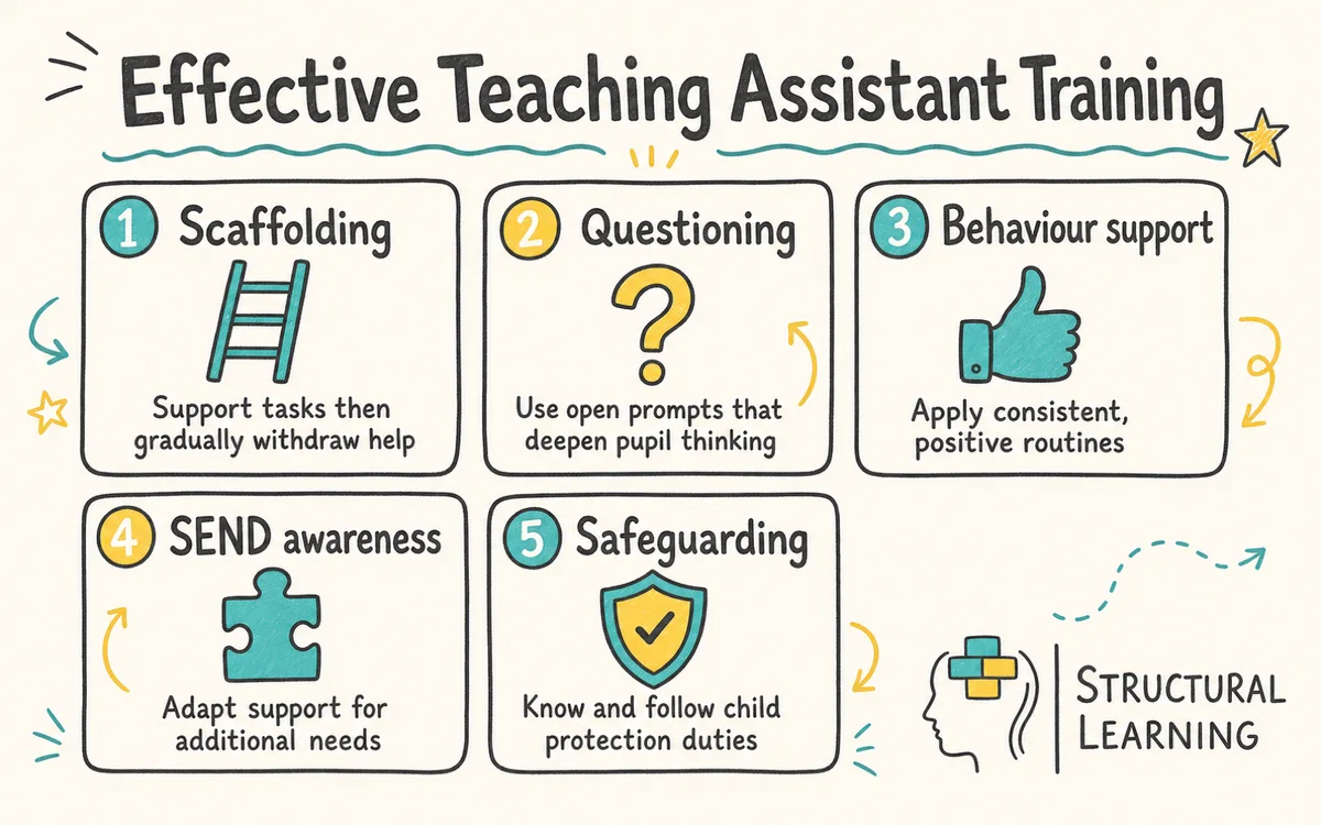 Infographic showing five focus areas of effective teaching assistant training: scaffolding, questioning, behaviour support, SEND and safeguarding