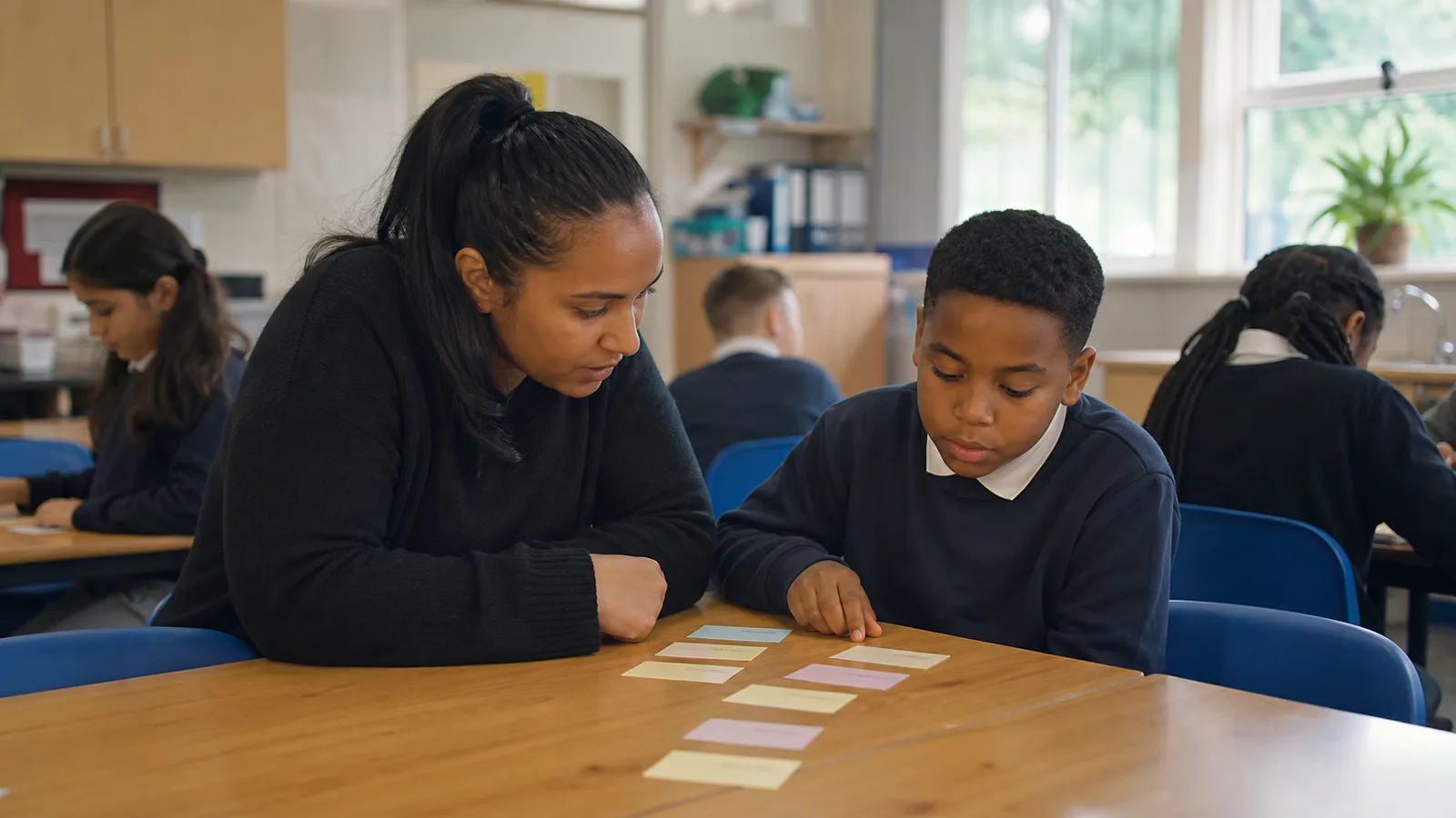 A teaching assistant working one to one with a young learner using colour-coded sentence cards