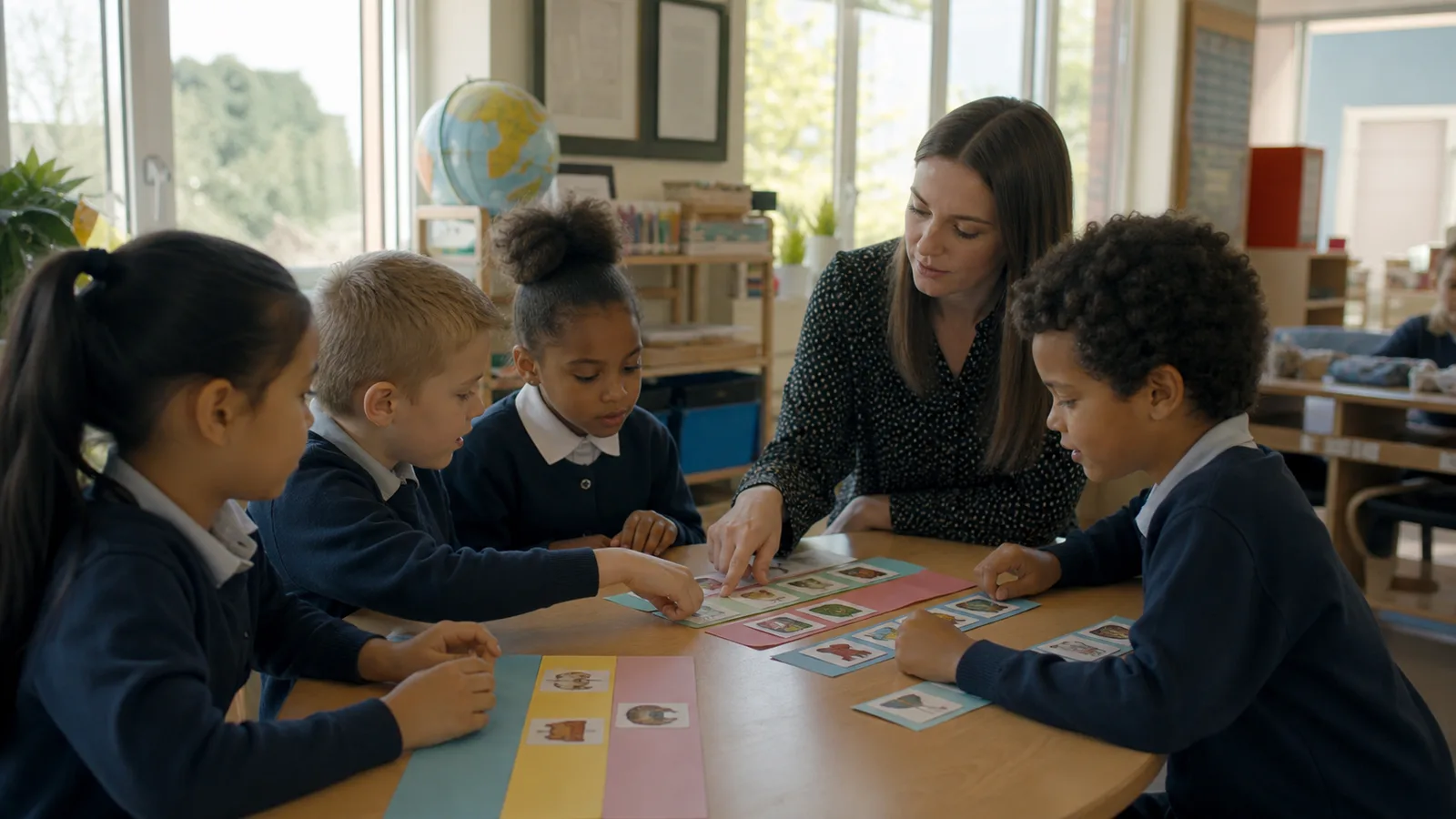 A small group of learners building sentences with picture cards and coloured sentence mats