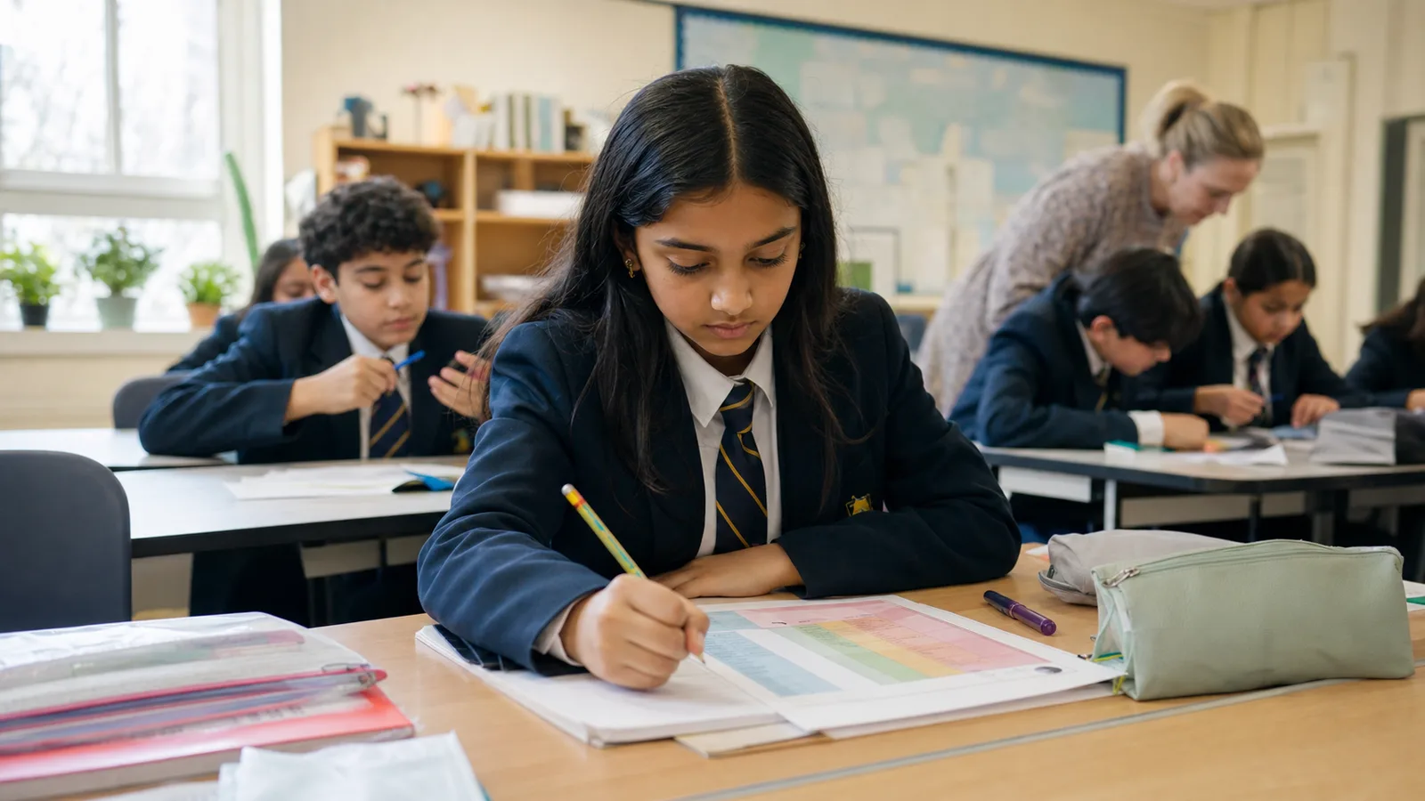 A learner completing a colour-coded sentence-building worksheet with a pencil