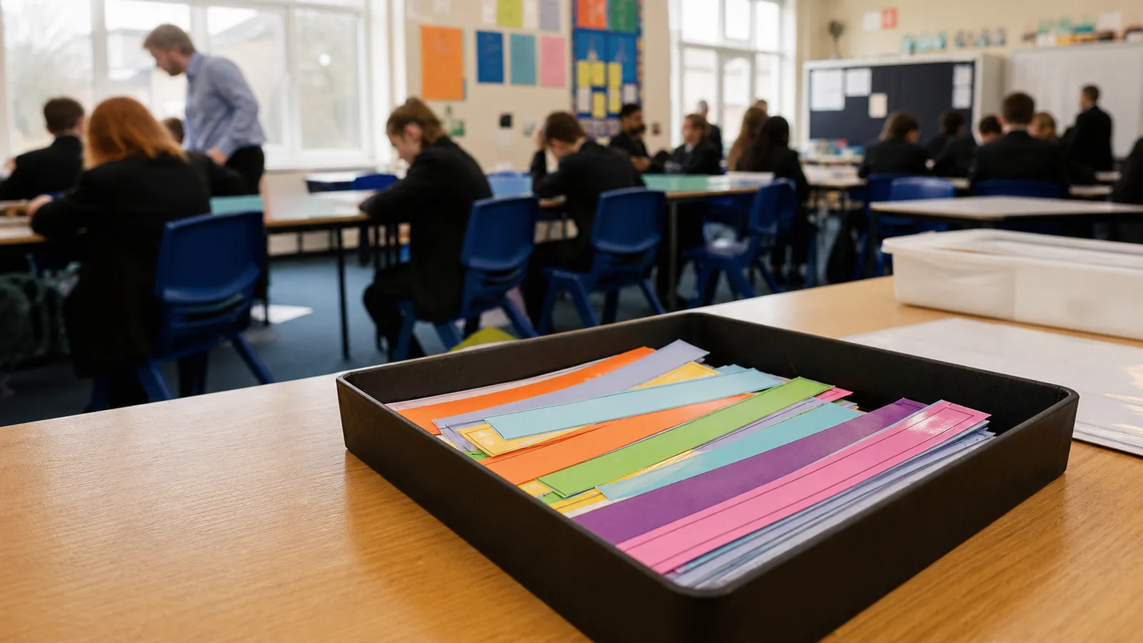 A teacher's tray of laminated, cut-out colour-coded sentence strips ready for a lesson