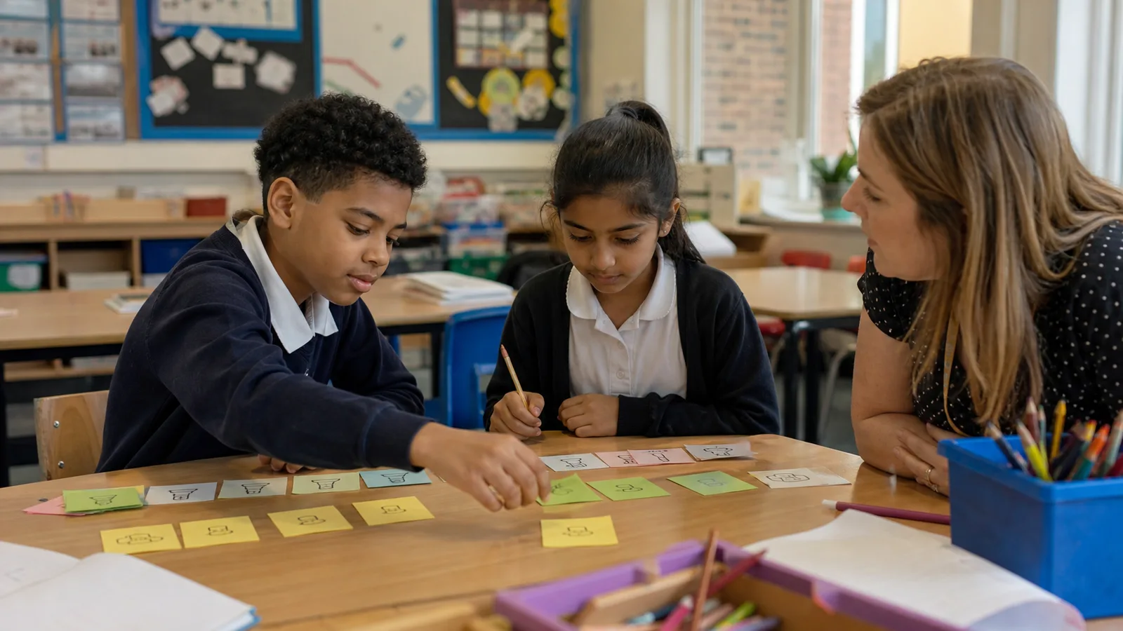 Two learners building sentences using a visual support system