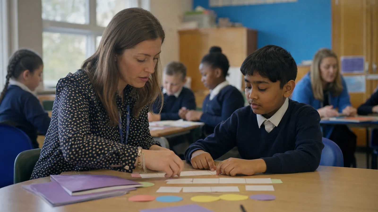 A speech and language specialist working with a learner on sentence structure
