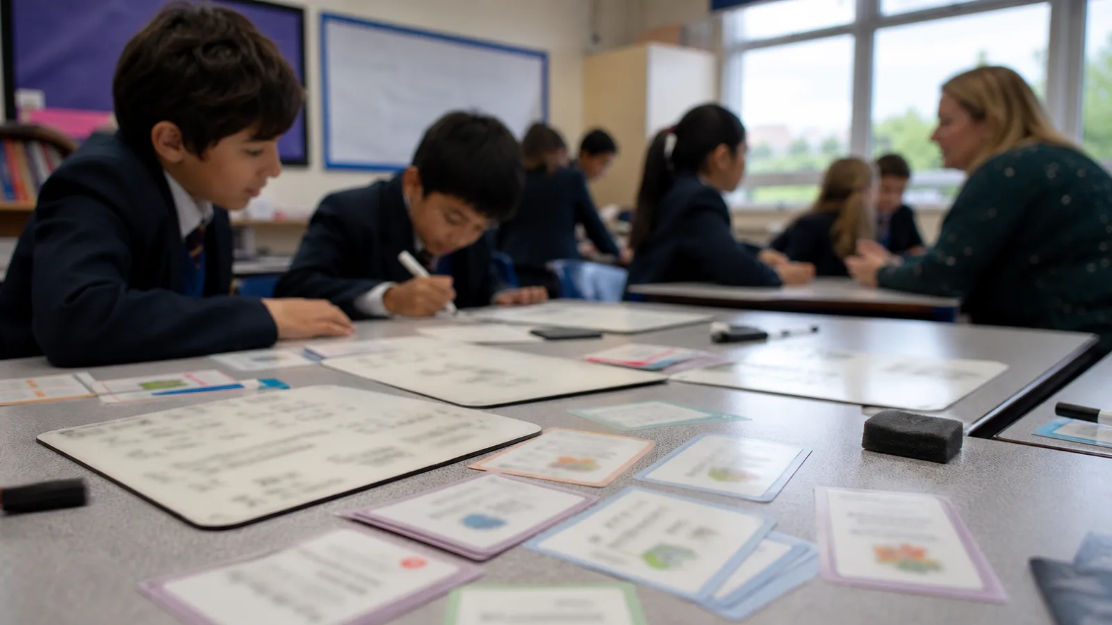 A close-up of bilingual flashcards and mini whiteboards on a desk
