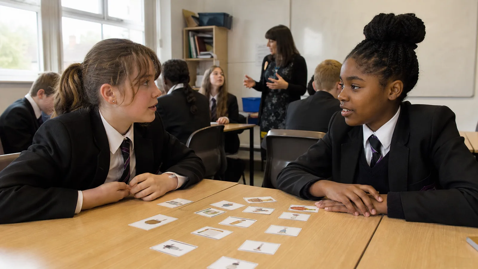 Learners doing a paired speaking task using vocabulary flashcards
