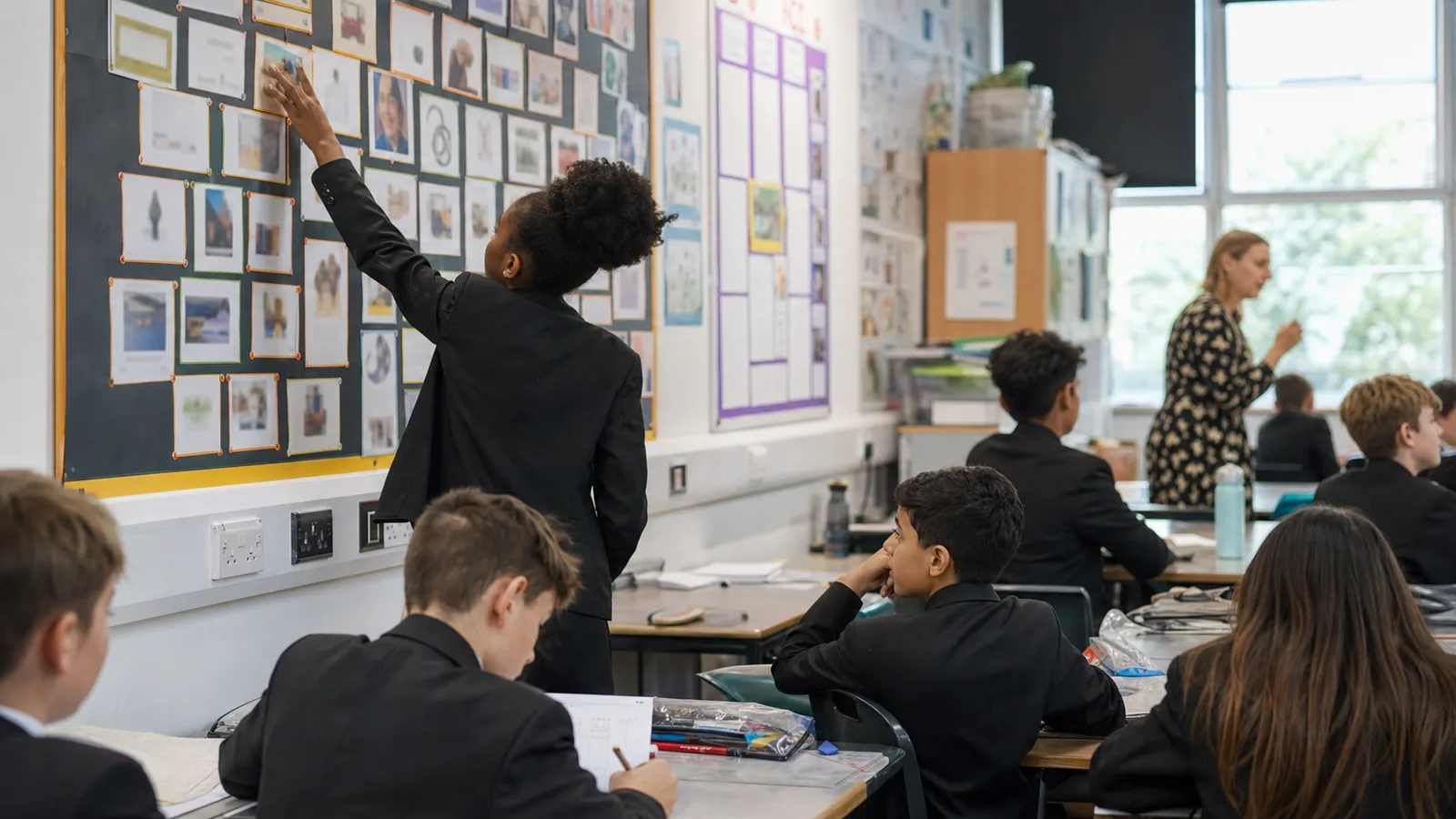A learner reaching up to a vocabulary word wall pairing words with images