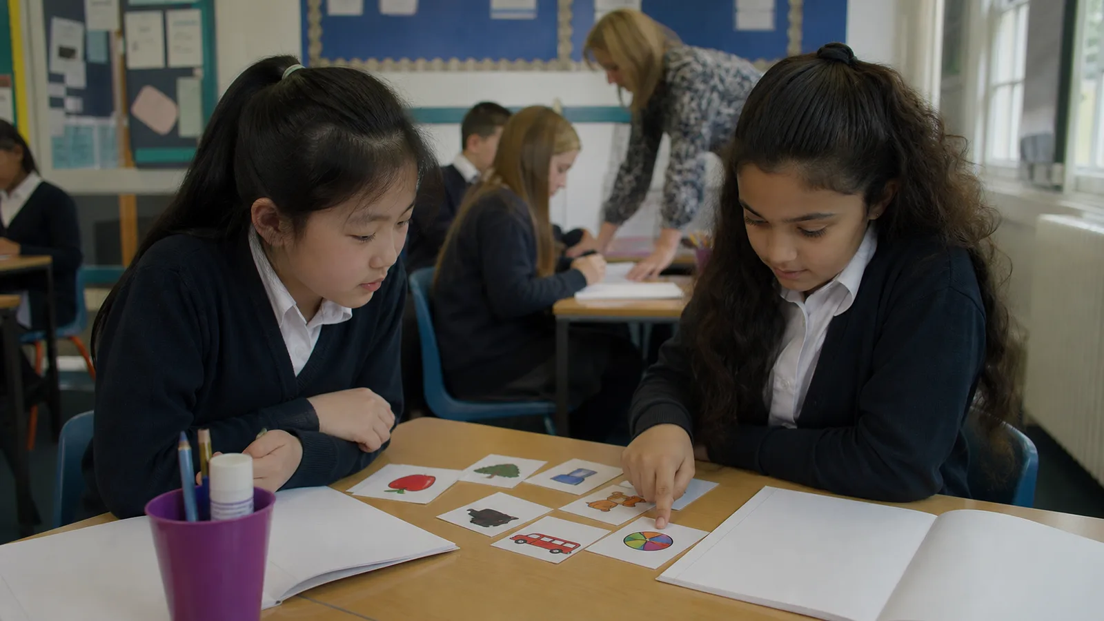 An EAL learner working with a buddy using picture-supported vocabulary cards