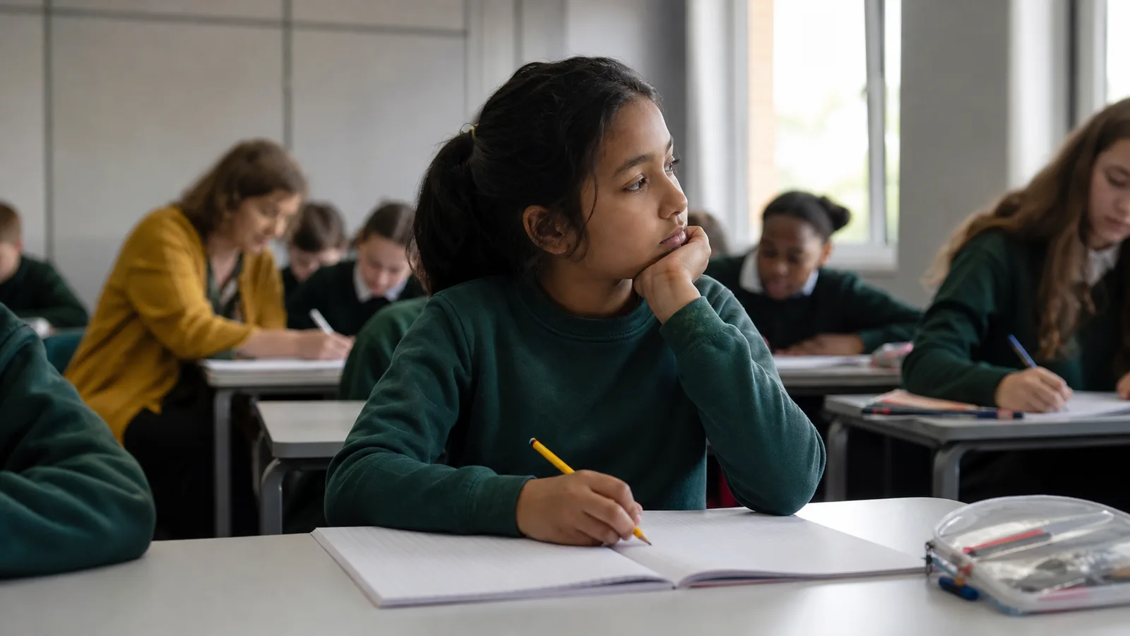A learner pausing to reflect with a learning journal open