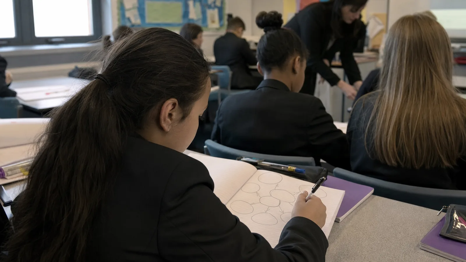 Over-the-shoulder view of a learner linking concepts with arrows in a notebook