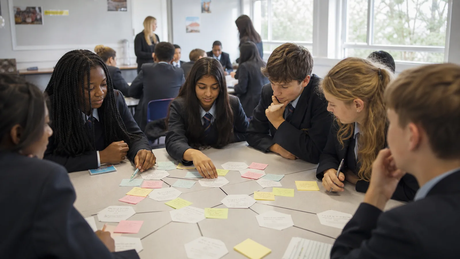 Learners connecting ideas with hexagon cards and sticky notes