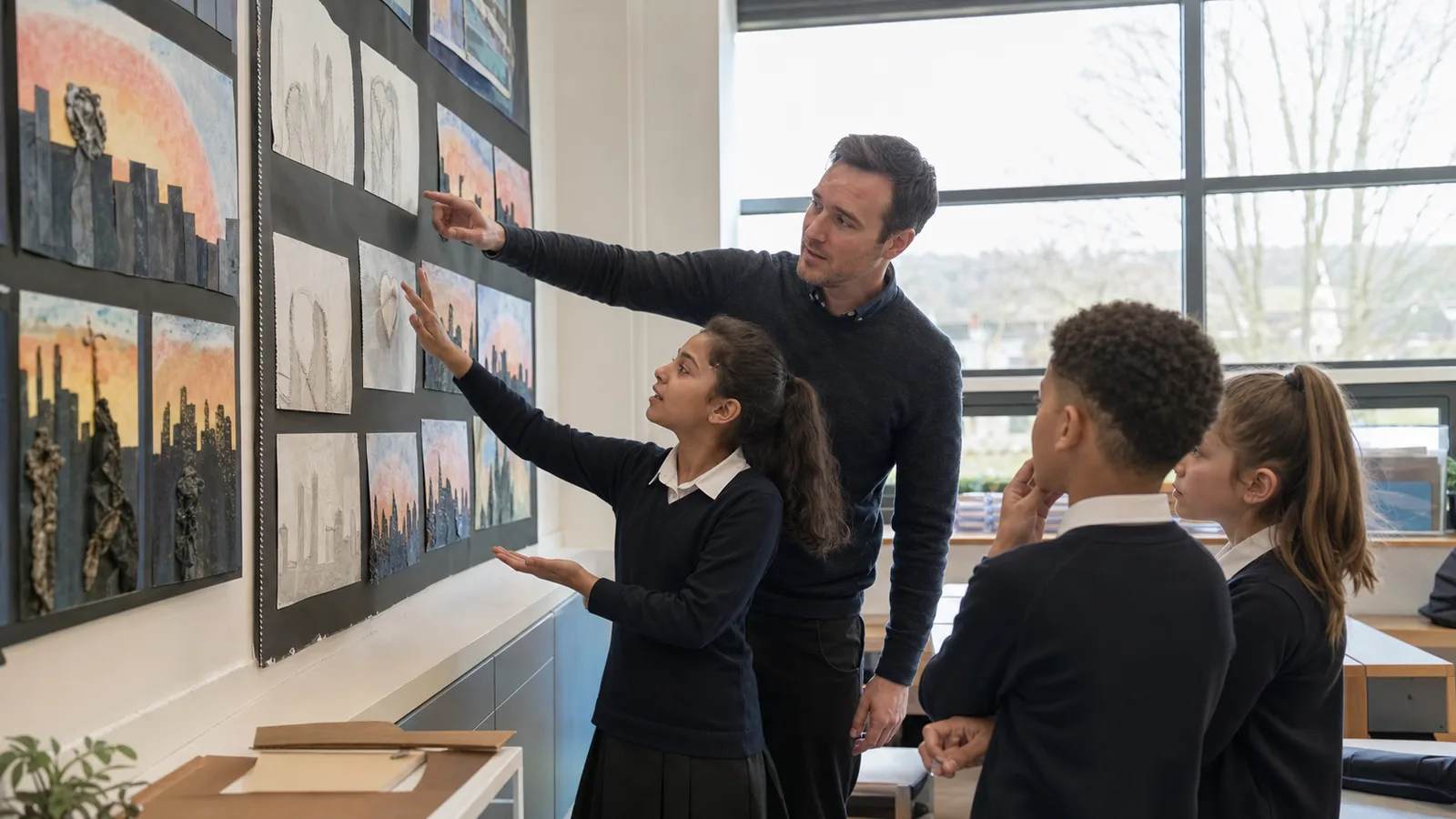 A teacher pointing at a progression of work while a learner explains their thinking