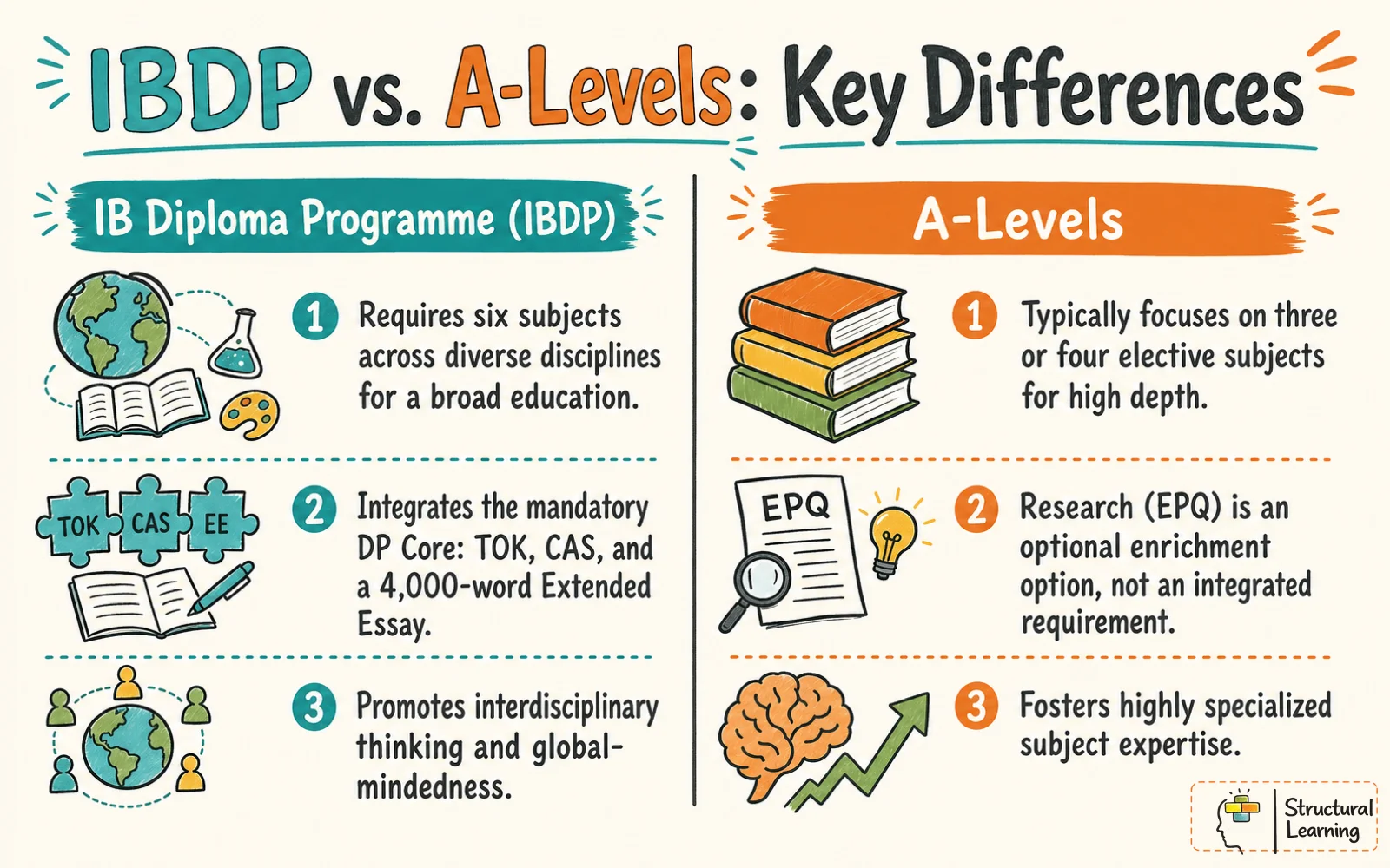 Comparison chart highlighting key differences between the IBDP broad curriculum and the A-Level specialized pathway.