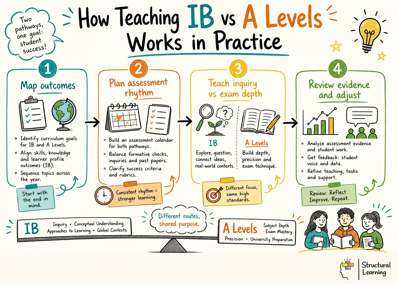 How Teaching IB vs A Levels Works in Practice infographic for teachers