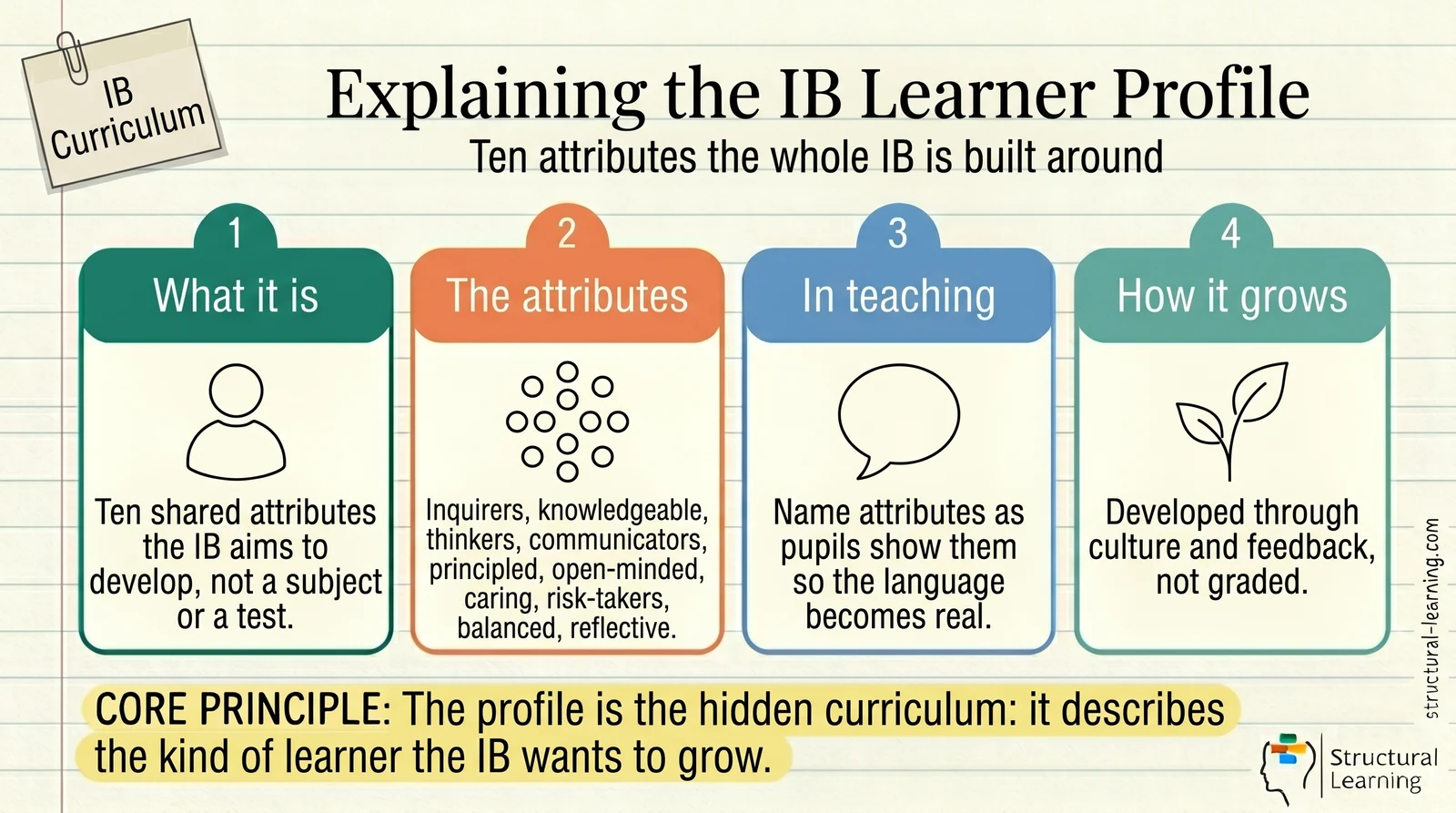 IB Learner Profile: The 10 Attributes Explained — visual explainer sketchnote