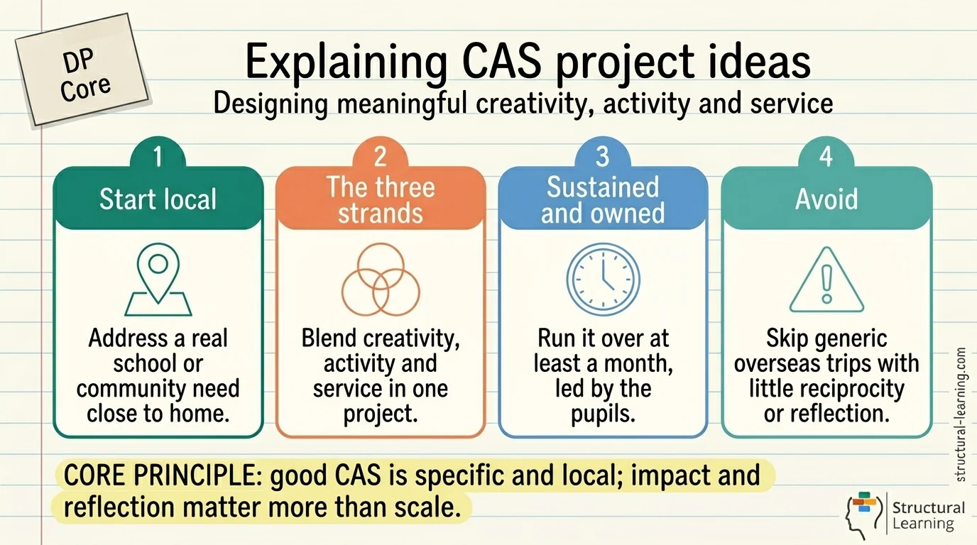The Ultimate Guide to IB CAS Project Ideas: Meaningful Examples for UK Schools — visual explainer sketchnote