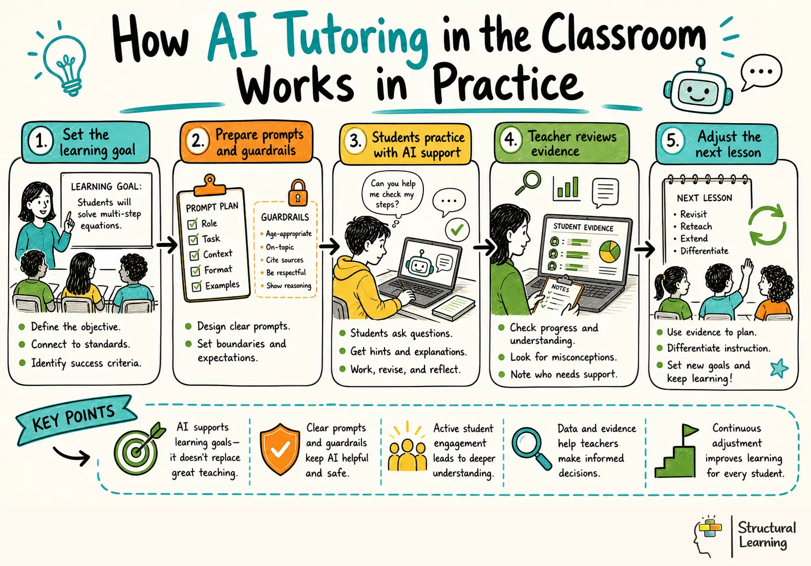 How AI Tutoring in the Classroom Works in Practice infographic for teachers