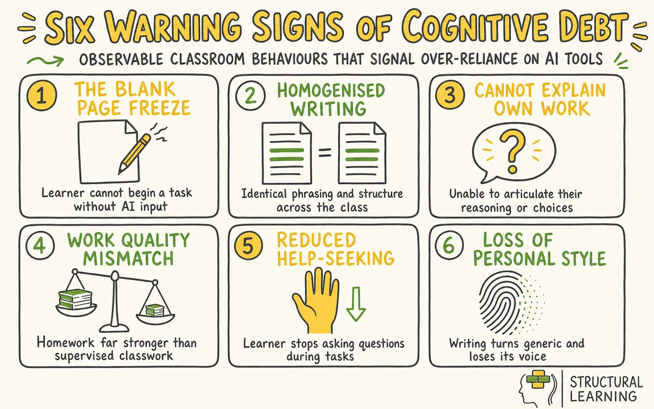 Cognitive Debt infographic showing strategies for Observable classroom behaviours that signal over-reliance on AI tools