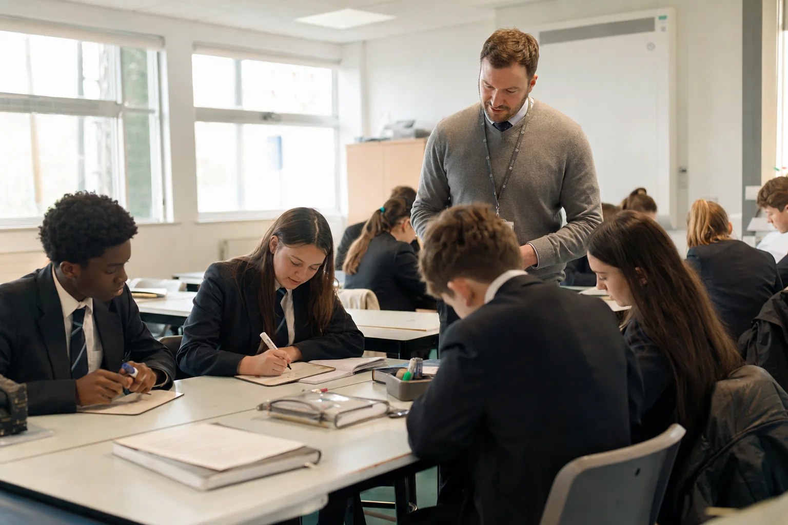 Teacher and learners revisit prior learning during a spaced practice review routine.