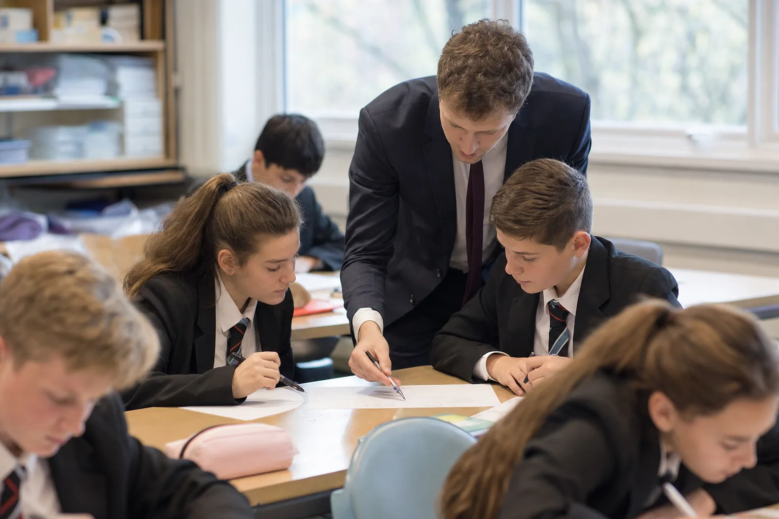 Teacher and learners work through a clear example with reduced classroom clutter in a secondary classroom.