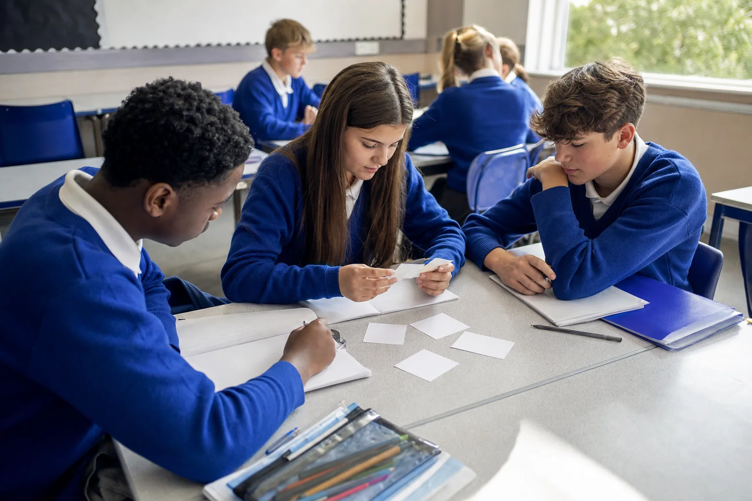 Teacher and learners check strategy choices during a classroom task in a secondary classroom.