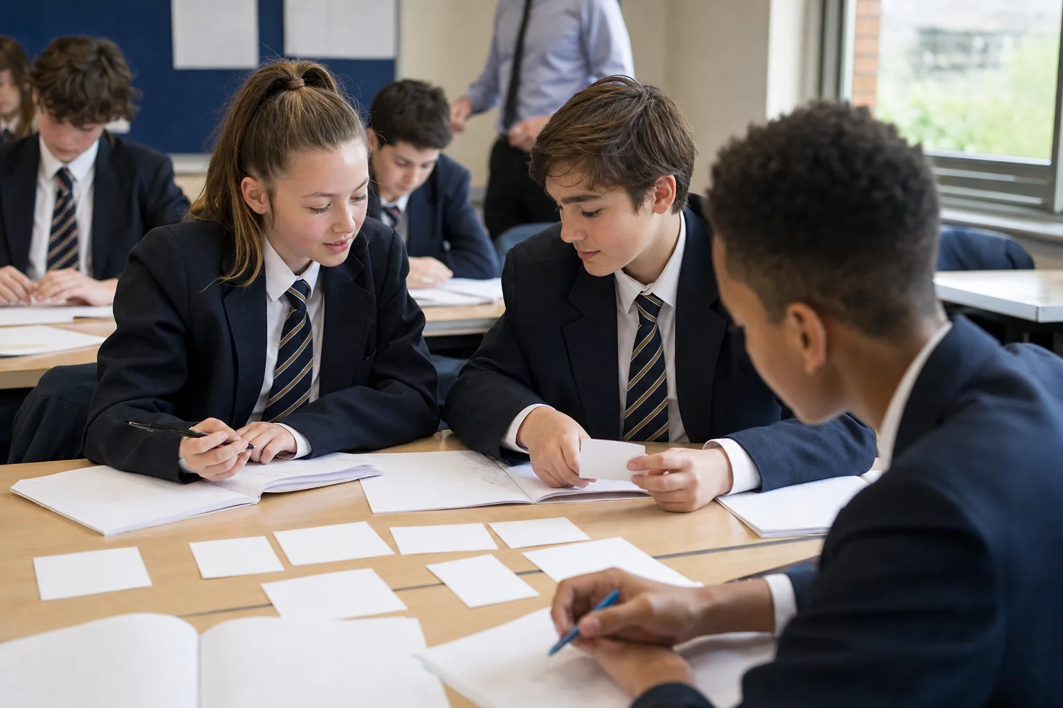 Teacher and learners check strategy choices during a classroom task in a secondary classroom.