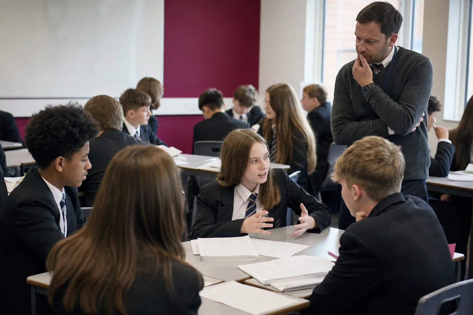 Teacher and learners take part in structured exploratory talk in a secondary classroom.