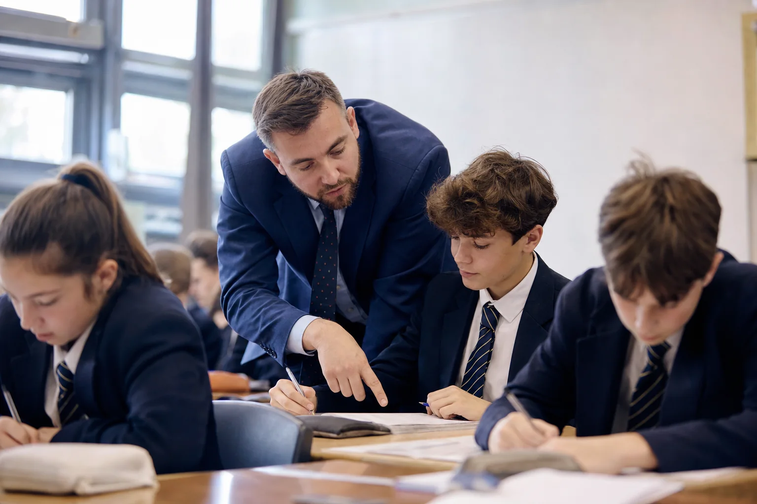 Teacher and learners move from teacher modelling into guided practice in a secondary classroom.