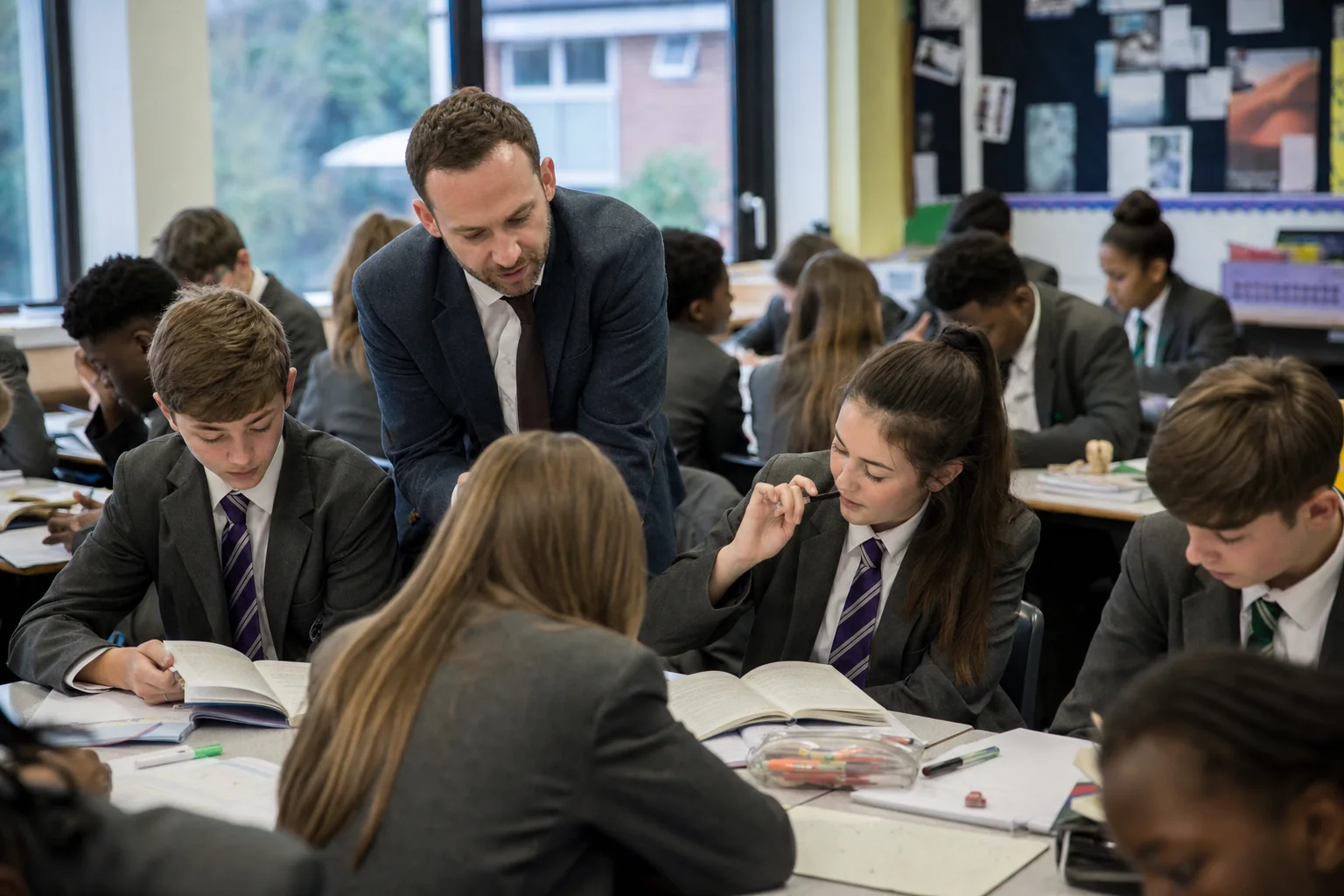 Teacher and learners use guided reading and comprehension prompts together in a UK classroom.
