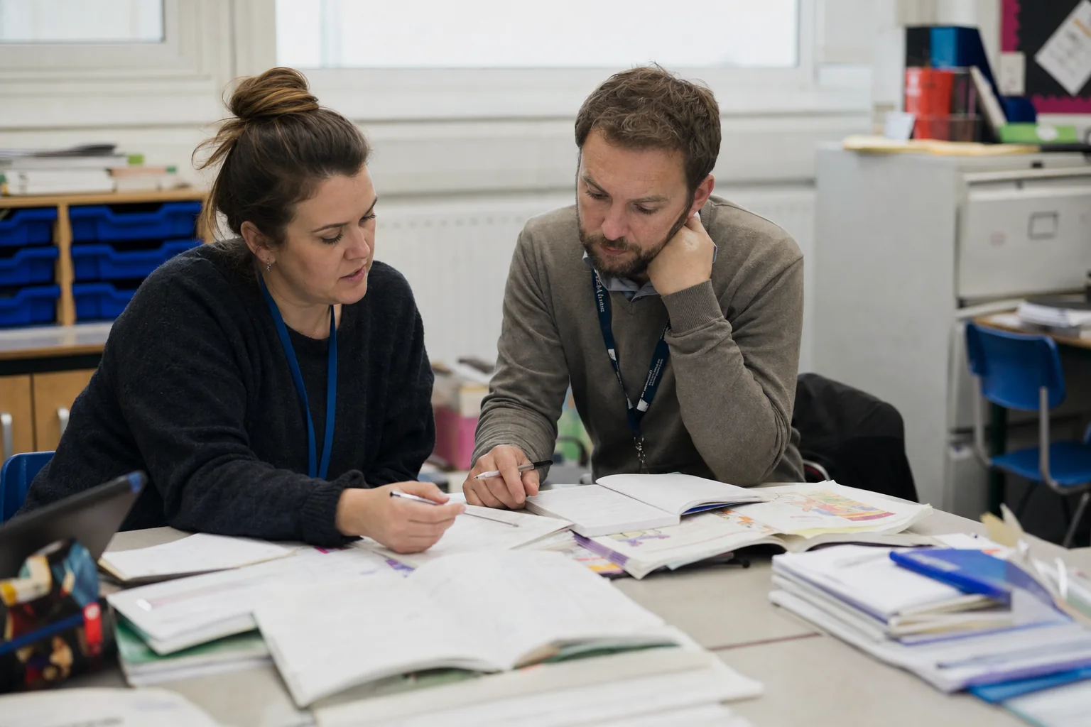 Teachers plan targeted support for learners in a teacher planning setting.