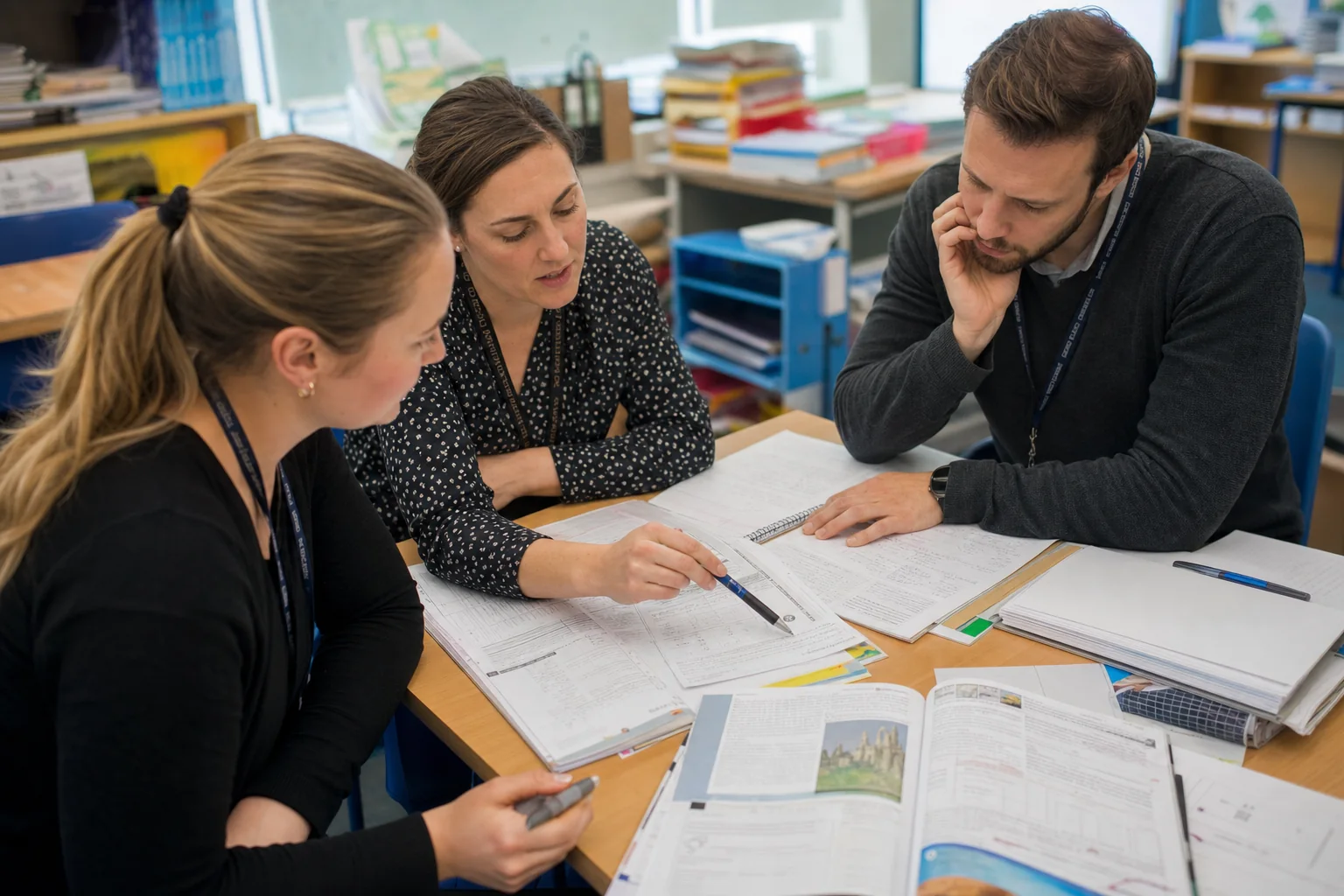 Teachers plan and review a lesson collaboratively in a teacher planning setting.