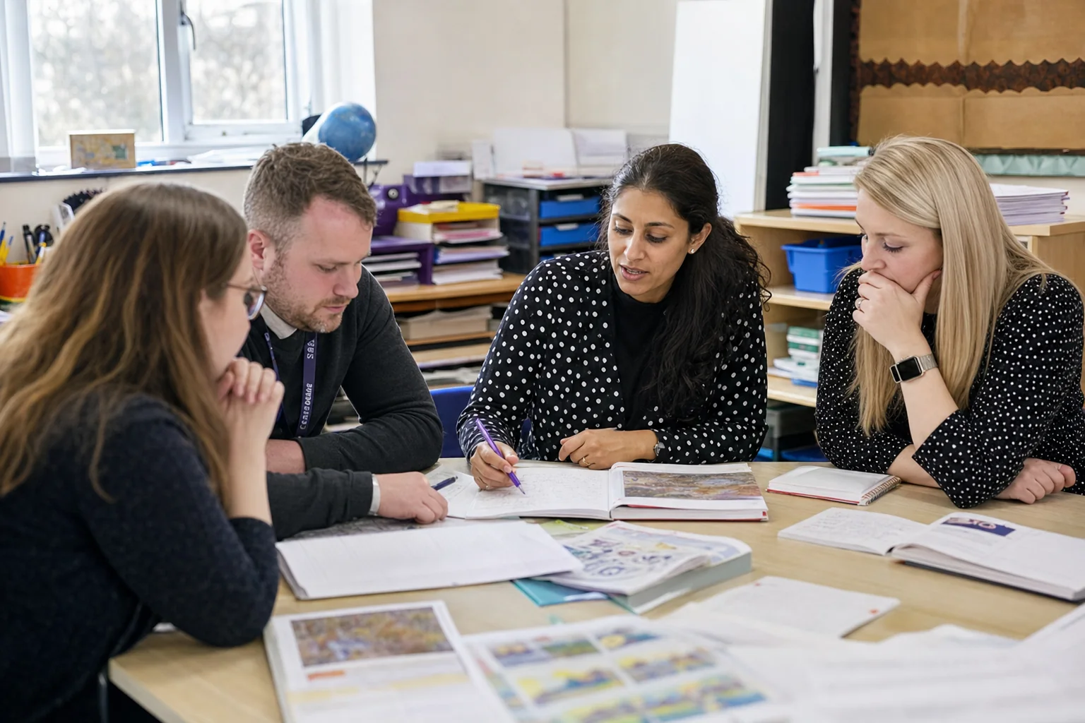 Teachers plan and review a lesson collaboratively in a teacher planning setting.