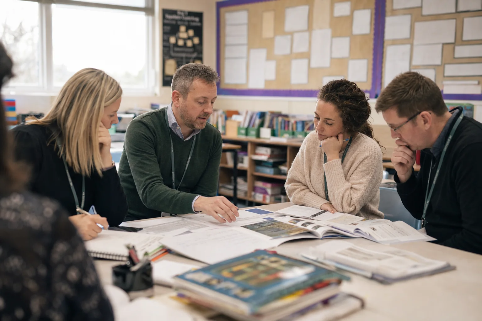 Teachers review curriculum sequencing and lesson flow in a teacher planning setting.