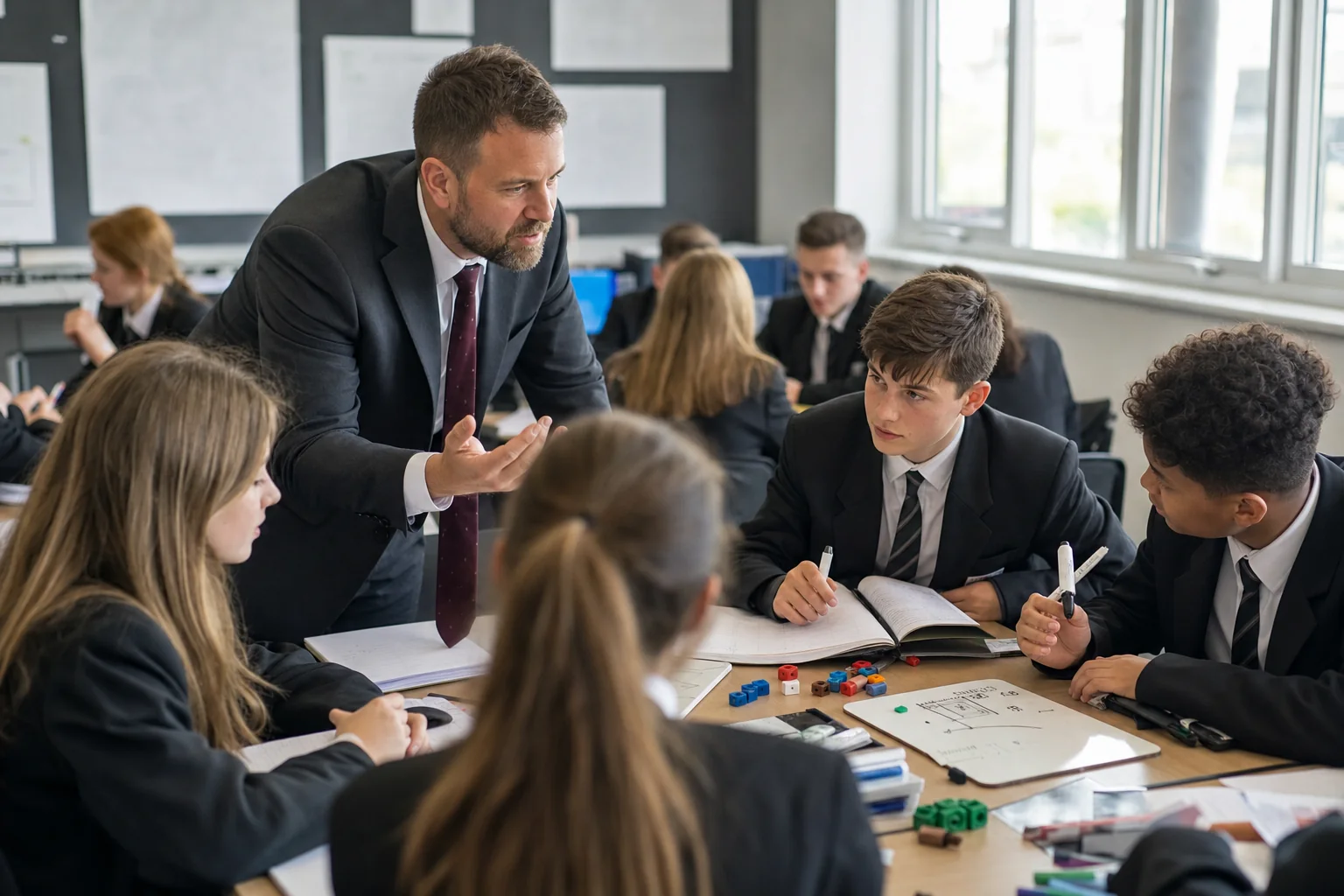 Teacher and learners use structured questioning and discussion to deepen thinking in a UK classroom.