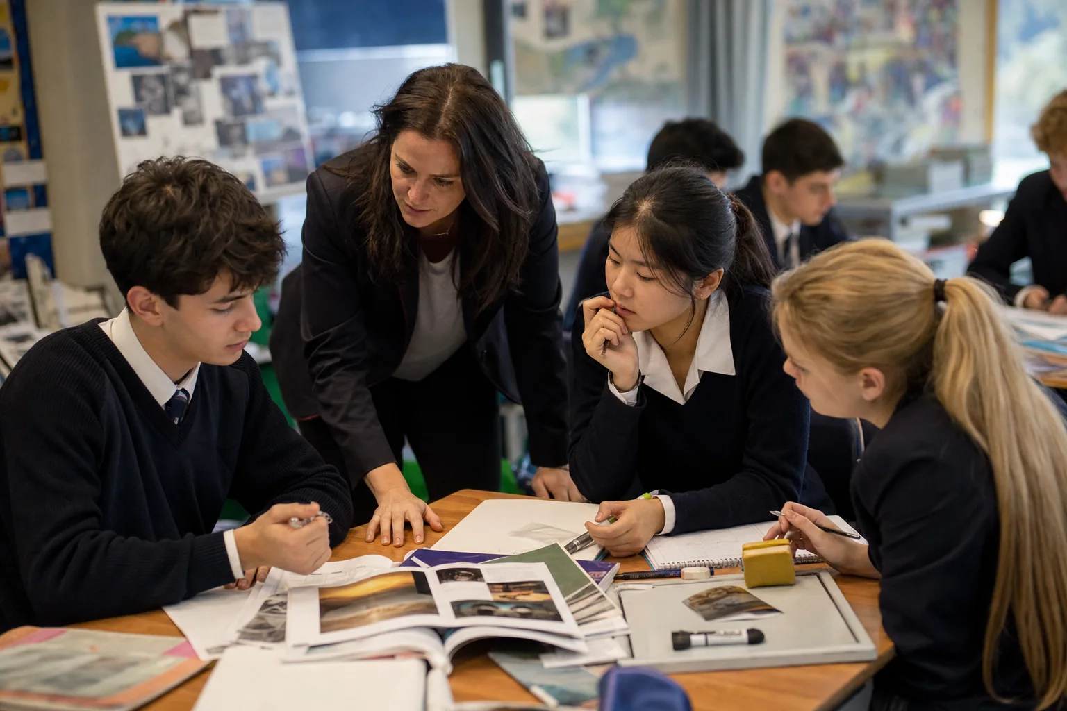 Teacher and learners use source packs and teacher conferencing during Diploma Programme study in an International Baccalaureate classroom.