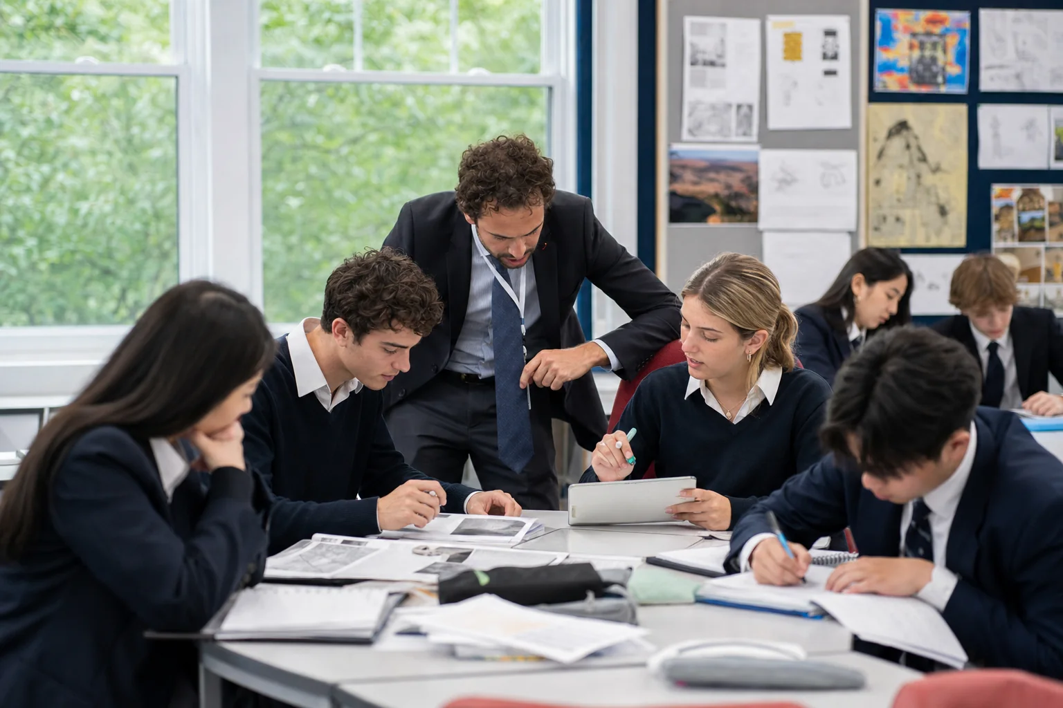 Teacher and learners use source packs and teacher conferencing during Diploma Programme study in an International Baccalaureate classroom.