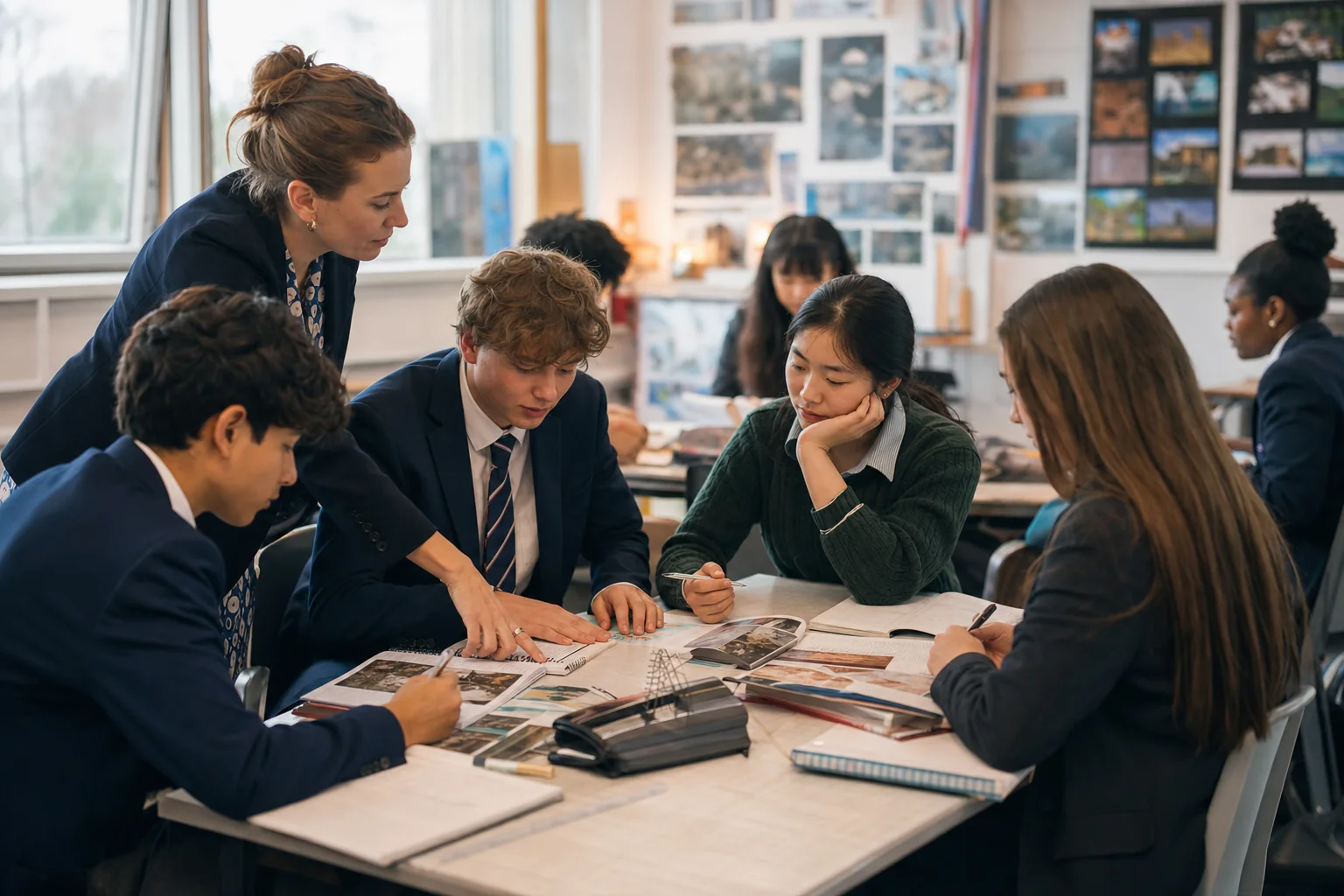 Teacher and learners use source packs and teacher conferencing during Diploma Programme study in an International Baccalaureate classroom.