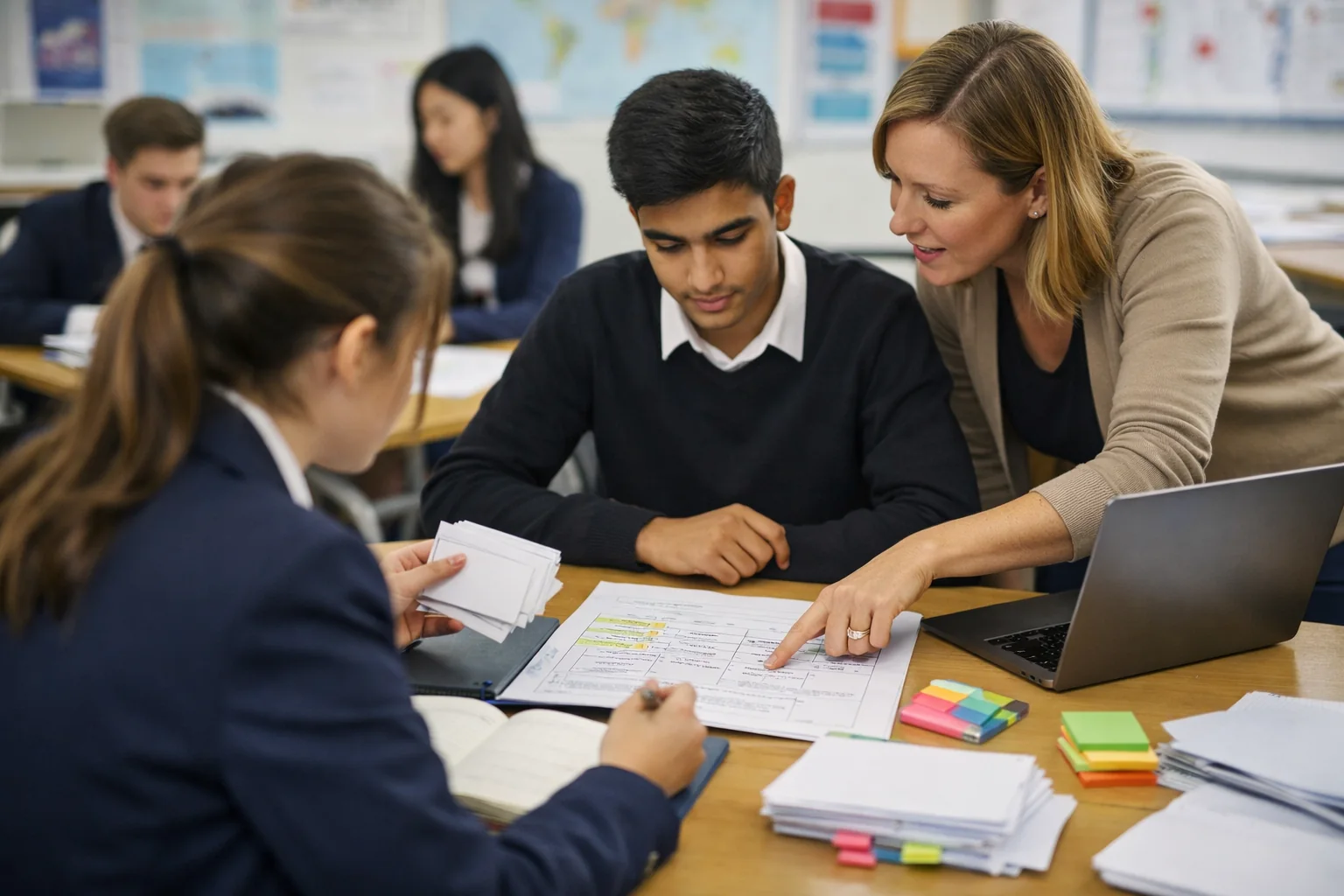 Teacher and learners use source packs and teacher conferencing during Diploma Programme study in an International Baccalaureate classroom.