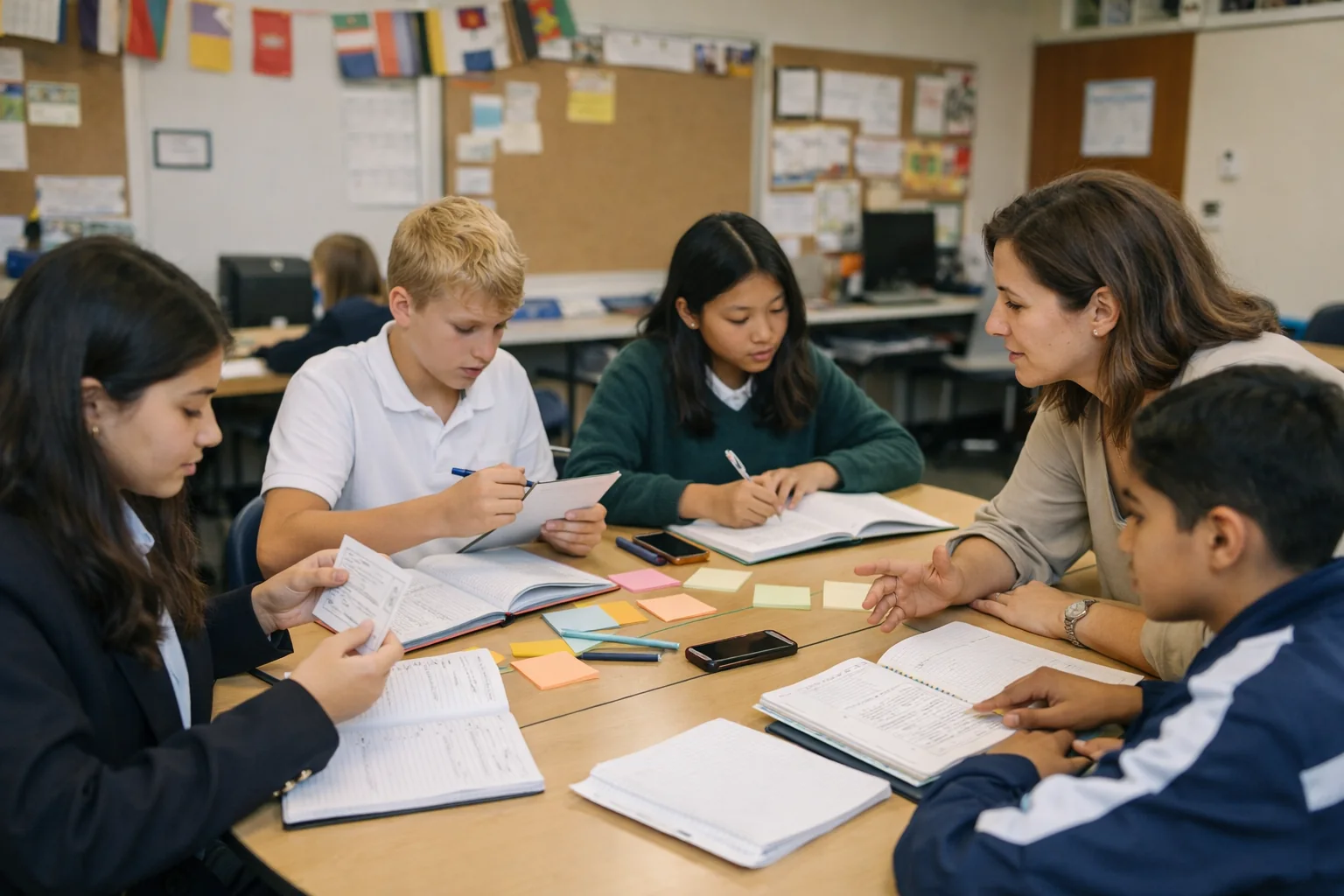 Teacher and learners use reflection journals and teacher conferencing to review learning in an international school classroom.